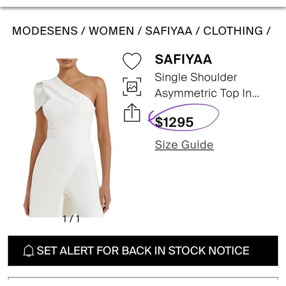 $1295 SAFIYAA Kora Ivory Single Shoulder Asymmetric Top Crepe Sz XS Bridal - Picture 5 of 16